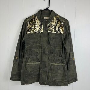 Democracy Camo Jacket Gold Sequin Military Anorak Utility Coat‎ Size M